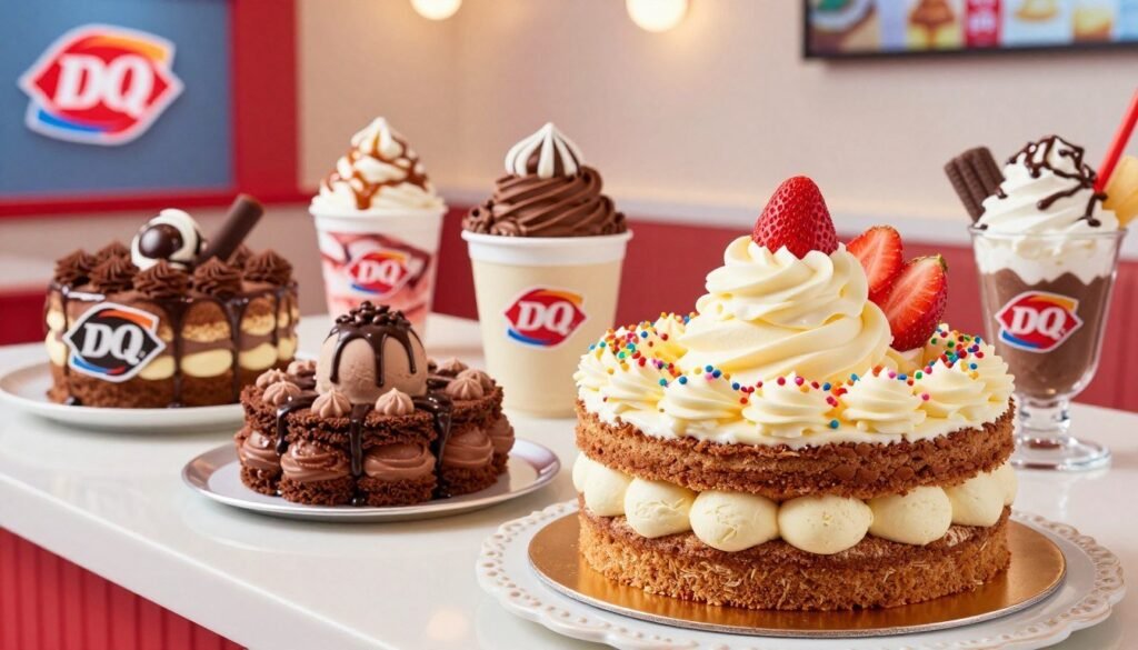 A stunning display of Dairy Queen's signature ice cream cakes, featuring a variety of flavors like chocolate, vanilla, and strawberry. The foreground showcases a beautifully decorated DQ cake, layered with creamy frosting and colorful sprinkles, placed on a decorative cake stand. In the middle, additional cakes and treats such as Blizzard cups and sundaes are artfully arranged, enticing with their rich textures and vibrant colors. The background features a cheerful Dairy Queen shop setting with soft, warm lighting that creates an inviting atmosphere. The angle captures the delicious desserts at a slightly elevated viewpoint, enhancing their allure. This image should evoke feelings of joy and indulgence, representing the delightful experience of enjoying Dairy Queen's ice cream creations.