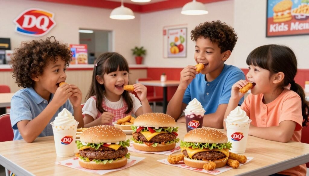 A vibrant and colorful display of Dairy Queen's Kids Menu items in a friendly fast food setting, positioned in the foreground. Include visually appealing menu items like mini burgers, chicken strips, and ice cream sundaes, arranged attractively on a wooden table. In the middle ground, showcase a cheerful family of diverse children enjoying their meals, wearing casual, playful clothing, smiling and interacting. The background should depict a bright and inviting Dairy Queen restaurant interior, with iconic branding and cheerful decor, diffused lighting creating a warm and welcoming atmosphere. The overall mood should be fun and engaging, capturing the essence of family dining and the excitement of kids enjoying tasty fast food.