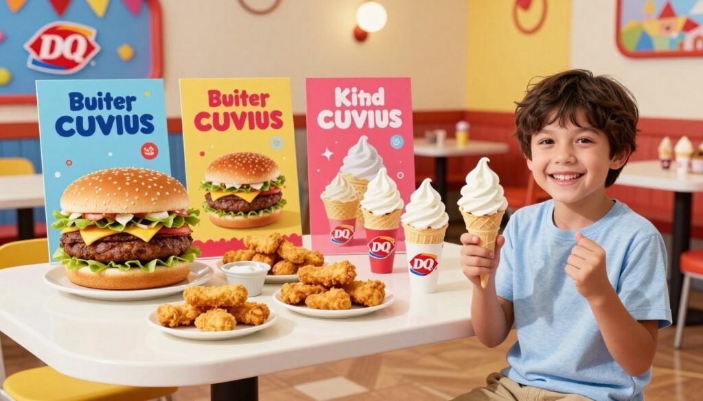 A vibrant and inviting Dairy Queen kids menu promotion featuring a colorful array of fun meal items like mini burgers, chicken strips, and ice cream treats. In the foreground, a cheerful child, around 8 years old, with modest casual clothing, is holding a delicious ice cream cone, smiling brightly. The middle ground displays a lively table filled with various kid-friendly meals and colorful promotional banners showcasing special deals. The background features a Dairy Queen restaurant setting with a playful atmosphere, bright and warm lighting, emphasizing the fun and excitement of dining out with kids. The composition captures a joyful, family-friendly vibe, perfect for highlighting the Dairy Queen kids menu and its special promotions.