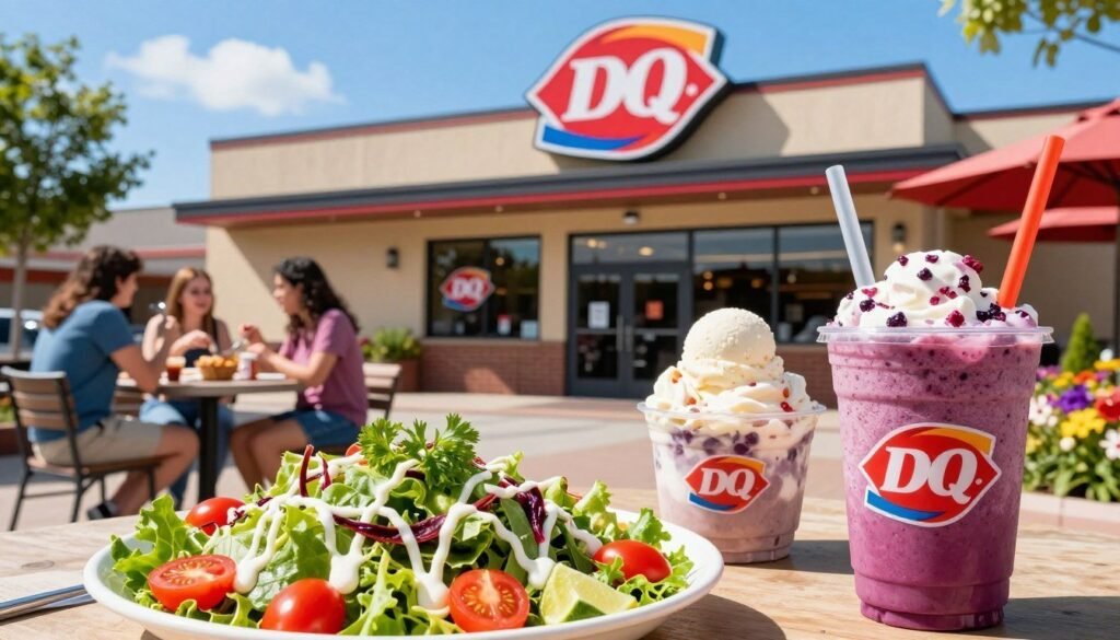 A vibrant and inviting Dairy Queen summer specials display, featuring a colorful assortment of healthy menu options like fresh salads, smoothie bowls, and light ice cream treats. In the foreground, a beautifully arranged salad with bright greens, cherry tomatoes, and a drizzle of dressing, alongside a refreshing berry smoothie in a clear cup with a straw. In the middle, a cheerful Dairy Queen location with customers enjoying their meals at outdoor tables under a clear blue sky, showcasing a sense of community and warmth. The background includes the Dairy Queen sign, with summer flowers blooming around it. The image is well-lit, capturing the sun's rays, and features a slightly angled view to give depth and perspective, creating a lively and appetizing atmosphere.