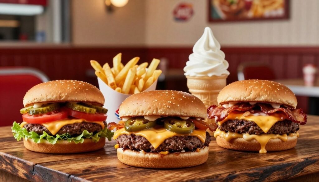 A visually appealing arrangement of Dairy Queen cheeseburger varieties prominently displayed on a rustic wooden table. In the foreground, showcase three mouthwatering cheeseburgers: a classic cheeseburger with a juicy beef patty, melty American cheese, crispy lettuce, ripe tomato, and pickles; a spicy cheeseburger featuring jalapeños and pepper jack cheese; and a deluxe cheeseburger piled high with bacon and special sauce. The middle ground should include colorful side items like golden French fries and a creamy soft-serve ice cream cone, adding to the indulgent atmosphere. The background softly blurs to reveal a cozy diner setting with warm, inviting lighting, reminiscent of a classic fast-food joint. Capture the scene using a shallow depth of field to highlight the burgers, creating an appetizing and nostalgic mood.