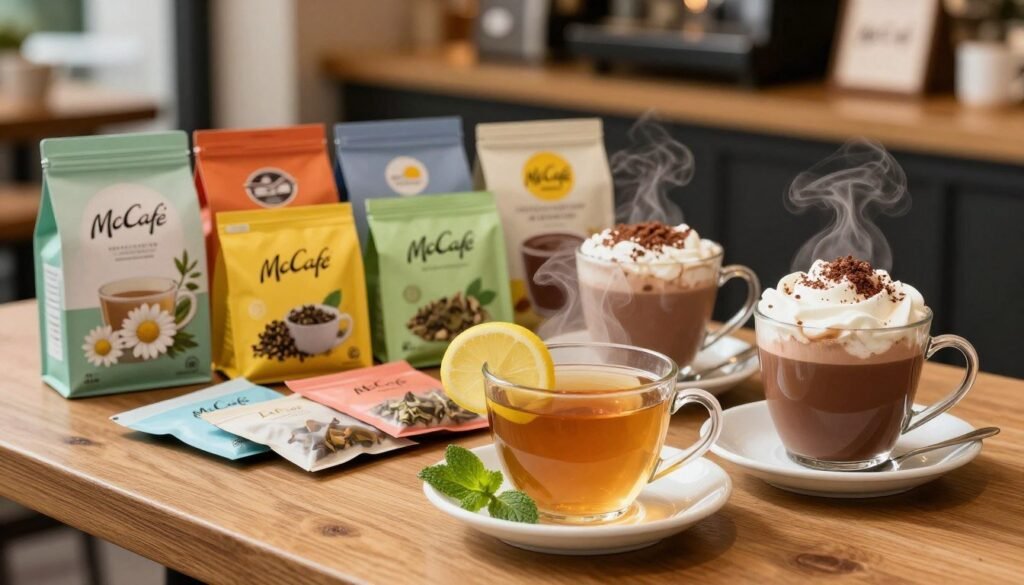 A beautifully arranged McCafe tea display, focusing on various tea options and hot chocolate. In the foreground, a steaming cup of herbal tea sits on a wooden table, garnished with a slice of lemon and a sprig of mint. Next to it, a rich hot chocolate topped with whipped cream and a sprinkle of cocoa powder. In the middle ground, an assortment of McCafe tea bags are elegantly spread out, showcasing vibrant packaging with flavors like chamomile, green tea, and chai. The background features a soft-focus view of a cozy coffee shop environment, with warm lighting illuminating the scene, creating a welcoming atmosphere. The image should evoke a sense of comfort and indulgence, taken with a 50mm lens at a slight angle to add depth.