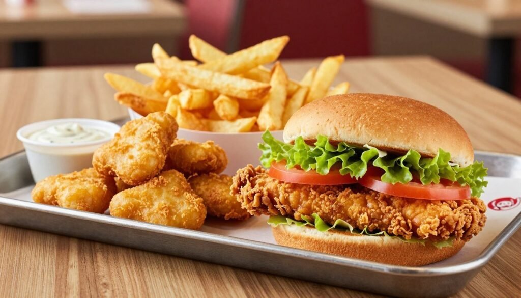 A beautifully arranged platter showcasing Wendy's chicken options for lunch. In the foreground, feature a crispy chicken sandwich with fresh lettuce and tomato peeking out, alongside a portion of perfectly fried chicken nuggets, golden and appetizing. In the middle ground, include a side of crispy fries and a small dipping sauce cup, enhancing the meal's appeal. The background should display a subtle hint of a cozy Wendy's restaurant environment, with wooden tables and soft, natural lighting creating a warm atmosphere. The scene is shot from a slightly elevated angle to highlight the textures and colors of the food, inviting viewers to indulge in a delicious midday meal. A beautifully arranged platter showcasing Wendy's chicken options for lunch. In the foreground, feature a crispy chicken sandwich with fresh lettuce and tomato peeking out, alongside a portion of perfectly fried chicken nuggets, golden and appetizing. In the middle ground, include a side of crispy fries and a small dipping sauce cup, enhancing the meal's appeal. The background should display a subtle hint of a cozy Wendy's restaurant environment, with wooden tables and soft, natural lighting creating a warm atmosphere. The scene is shot from a slightly elevated angle to highlight the textures and colors of the food, inviting viewers to indulge in a delicious midday meal.