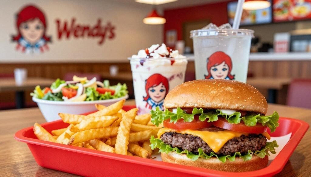 A beautifully arranged table showcasing Wendy’s lunch combos, featuring a vibrant red tray with a classic cheeseburger, crispy fries, and a refreshing drink. The foreground includes close-up details of the juicy burger with fresh lettuce, tomato, and a perfectly melted slice of cheese, alongside a side of golden, crispy fries. In the middle ground, a colorful salad and a decadent Frosty contribute to the enticing spread. The background depicts a cozy Wendy’s restaurant interior with warm lighting, wooden accents, and cheerful décor. The atmosphere reflects a welcoming and casual environment, perfect for enjoying a midday meal. The image is taken from a slightly elevated angle, capturing the delectable items in sharp focus, with a warm, inviting glow that highlights the freshness and appeal of the food. A beautifully arranged table showcasing Wendy’s lunch combos, featuring a vibrant red tray with a classic cheeseburger, crispy fries, and a refreshing drink. The foreground includes close-up details of the juicy burger with fresh lettuce, tomato, and a perfectly melted slice of cheese, alongside a side of golden, crispy fries. In the middle ground, a colorful salad and a decadent Frosty contribute to the enticing spread. The background depicts a cozy Wendy’s restaurant interior with warm lighting, wooden accents, and cheerful décor. The atmosphere reflects a welcoming and casual environment, perfect for enjoying a midday meal. The image is taken from a slightly elevated angle, capturing the delectable items in sharp focus, with a warm, inviting glow that highlights the freshness and appeal of the food.