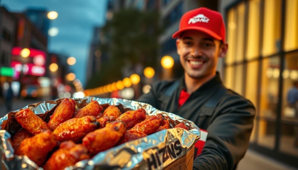 A close-up view of a lively Pizza Hut delivery scene showcasing their famous wings. In the foreground, a steaming aluminum delivery bag is partially opened, brightly colored wings in various flavors like spicy buffalo and tangy barbecue are visible. The middle layer features an attractive pizza delivery driver wearing a red Pizza Hut cap and uniform, smiling as they prepare to deliver an order. In the background, a well-lit city street at dusk with warm glowing lights adds a cozy atmosphere. The scene is captured with a shallow depth of field, highlighting the wings and driver while softly blurring the cityscape. Overall, the mood is inviting and cheerful, emphasizing the convenience and enjoyment of Pizza Hut's wings delivery service.