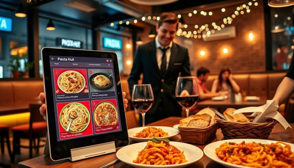 A cozy, modern restaurant interior showcasing an inviting online pasta ordering experience. In the foreground, a sleek tablet displays a colorful Pasta Hut menu, highlighting a variety of pasta dishes like creamy fettuccine and zesty penne arrabbiata. A friendly staff member, dressed in smart casual attire, stands beside the tablet, engaging with a delighted customer who is selecting their order. The middle ground features a well-arranged dining table adorned with plates of pasta, a glass of red wine, and a rustic bread basket. In the background, warm ambient lighting creates a welcoming atmosphere, with other diners enjoying their meals, accentuated by soft music notes or string lights overhead. The angle is slightly elevated, providing a comprehensive view of the setting that evokes comfort and culinary delight.