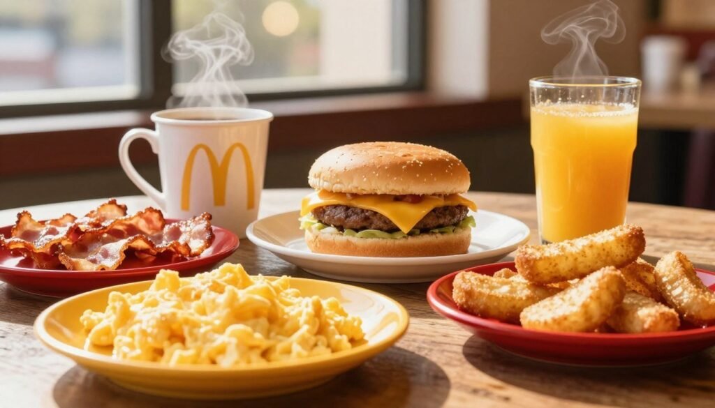 A mouth-watering display of McDonald's breakfast specials spread out on a rustic wooden table. In the foreground, there are fluffy scrambled eggs, crispy bacon strips, and warm, golden hash browns, all arranged attractively on vibrant red and yellow plates. A steaming cup of freshly brewed coffee and a refreshing orange juice sit to one side. In the middle ground, a classic McDonald's breakfast sandwich, featuring a fluffy biscuit and melted cheese, is prominently showcased. Soft morning sunlight filters through a nearby window, casting a warm glow over the entire scene, enhancing the inviting atmosphere. The background features light bokeh effects, with hints of a cozy diner environment for added depth. The overall mood is cheerful and appetizing, perfectly capturing the essence of a delightful morning meal.