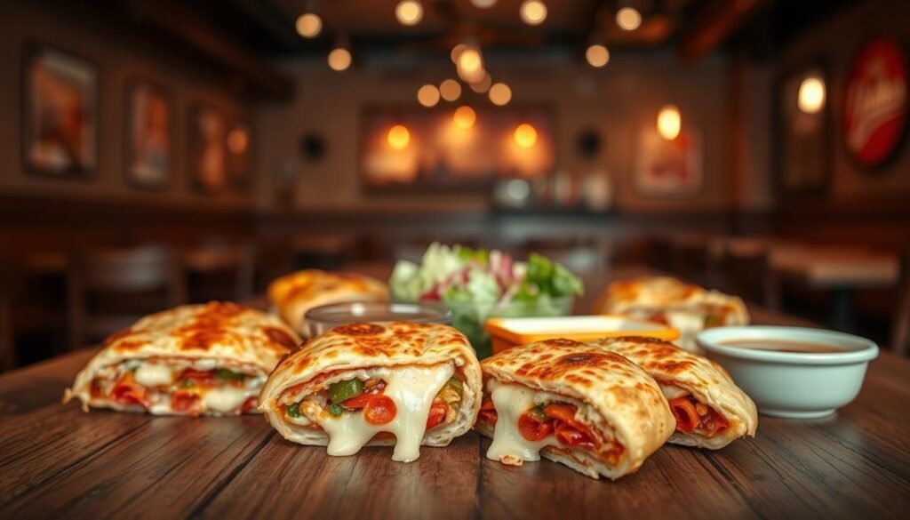 A stunning close-up of a variety of Pizza Hut Melts, elegantly arranged on a rustic wooden table. In the foreground, showcase a selection of melts with gooey cheese stretching as they are pulled apart, emphasizing their appetizing filling of pepperoni, vegetables, and cheese. In the middle ground, include a fresh side salad and dipping sauces in vibrant bowls, creating a colorful contrast. The background should feature a cozy Pizza Hut restaurant interior softly lit by warm overhead lights, enhancing the inviting atmosphere. Use a shallow depth of field to keep the focus on the food while softly blurring the background. Capture a warm, friendly mood that invites viewers to enjoy a delicious meal.
