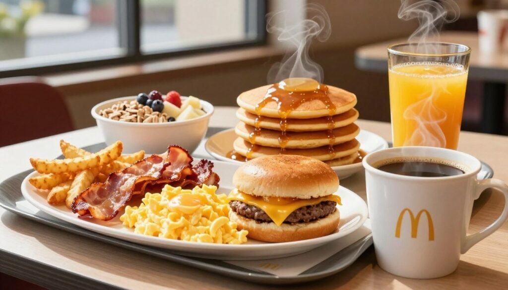 A vibrant McDonald's breakfast spread, showcasing an inviting table adorned with signature items like fluffy scrambled eggs, crispy bacon, golden hash browns, and a fresh Fruit & Maple Oatmeal bowl, all neatly arranged. The foreground features a steaming cup of rich coffee alongside a bright orange juice. In the middle, a beautifully toasted Egg McMuffin with melted cheese and a perfectly cooked egg takes center stage, with a side of hotcakes stacked high, drizzled in syrup. The background shows a cozy McDonald's interior softly lit by morning sunlight filtering through large windows, creating a warm and welcoming atmosphere. The angle captures the essence of a leisurely breakfast moment while emphasizing the delicious food, making it appetizing and appealing.