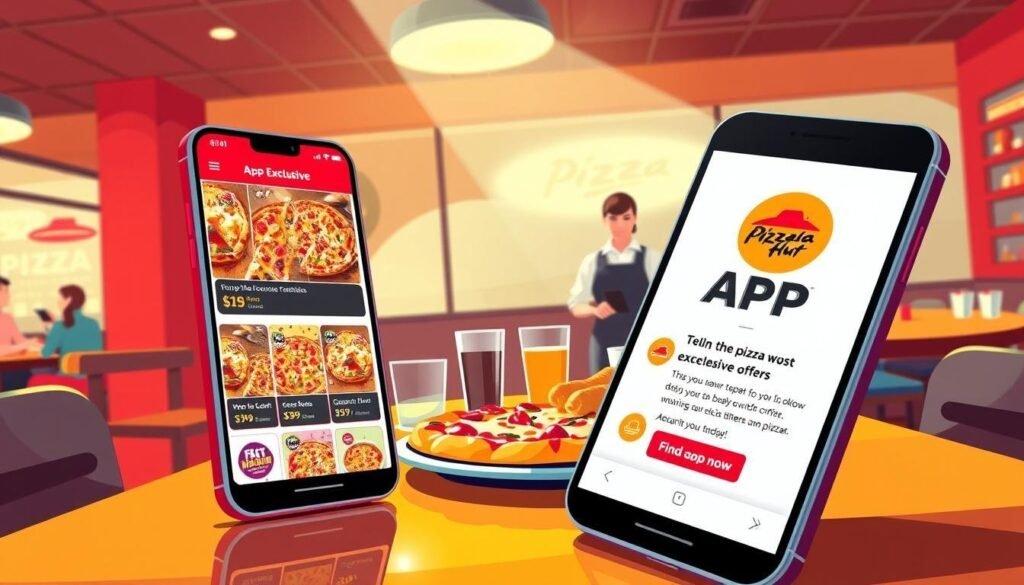 A vibrant and inviting illustration focused on Pizza Hut's app-exclusive offers. Foreground: A smartphone displaying the Pizza Hut app, featuring colorful images of delicious pizzas, topped with fresh ingredients and attractive discounts. Middle: A cozy dining table set with a steaming hot pizza, a side of gooey cheesy breadsticks, and drinks, reflecting the idea of enjoying a meal with friends or family. Background: A warm, softly lit pizza restaurant interior, with friendly staff members in professional attire attending to customers, suggesting a bustling but welcoming atmosphere. The lighting is bright and cheerful, capturing the excitement of finding great promotions. The angle is slightly elevated, showcasing both the app and the delicious food in a way that feels dynamic and engaging.