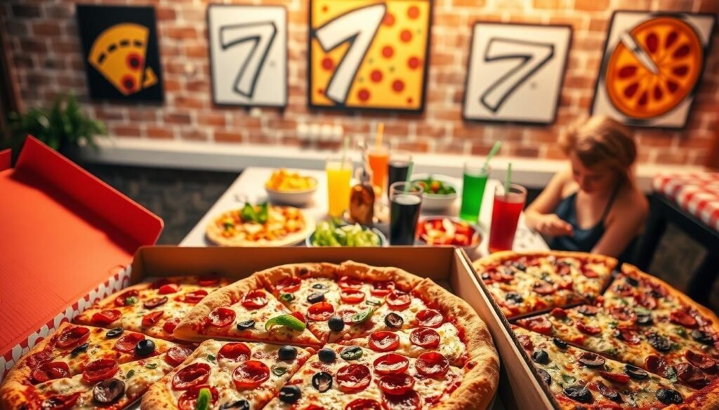 A vibrant and inviting scene showcasing an array of delicious pizzas under the theme of "affordable pizza deals." In the foreground, a large, colorful pizza box is open, revealing multiple slices of various toppings like pepperoni, mushrooms, and bell peppers, beautifully arranged and steaming. In the middle ground, a decorated table is set with fresh salads and drinks, highlighting a casual family gathering atmosphere. Soft, warm lighting illuminates the scene, setting a friendly and inviting mood. The background features a brick wall adorned with pizza-themed art, complementing the overall theme. Use a slight overhead angle to capture the enticing details of the pizzas and convey a feeling of abundance and enjoyment, emphasizing the affordability and appeal of the Pizza Hut $7 Deal Lovers Menu.