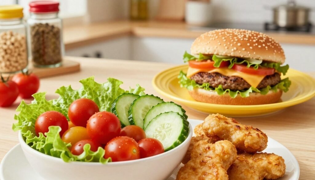 A vibrant arrangement of fresh, high-quality ingredients that typify Wendy's children’s meals. In the foreground, a playful bowl filled with colorful cherry tomatoes, crisp lettuce, and juicy sliced cucumbers, surrounded by perfectly grilled chicken nuggets. The middle ground features a bright, inviting plate of a cheeseburger with fresh vegetables peeking out, with an open bun revealing a mouthwatering patty. In the background, a cheerful kitchen setting bathed in warm, natural light highlights the wholesome theme, with jars of spices and neatly arranged ingredients to evoke a sense of care and quality. The atmosphere is bright and cheery, appealing to children and parents alike, conveying a message of nutritious, delicious meals. Use a soft focus to emphasize the freshness of the ingredients and the inviting atmosphere.