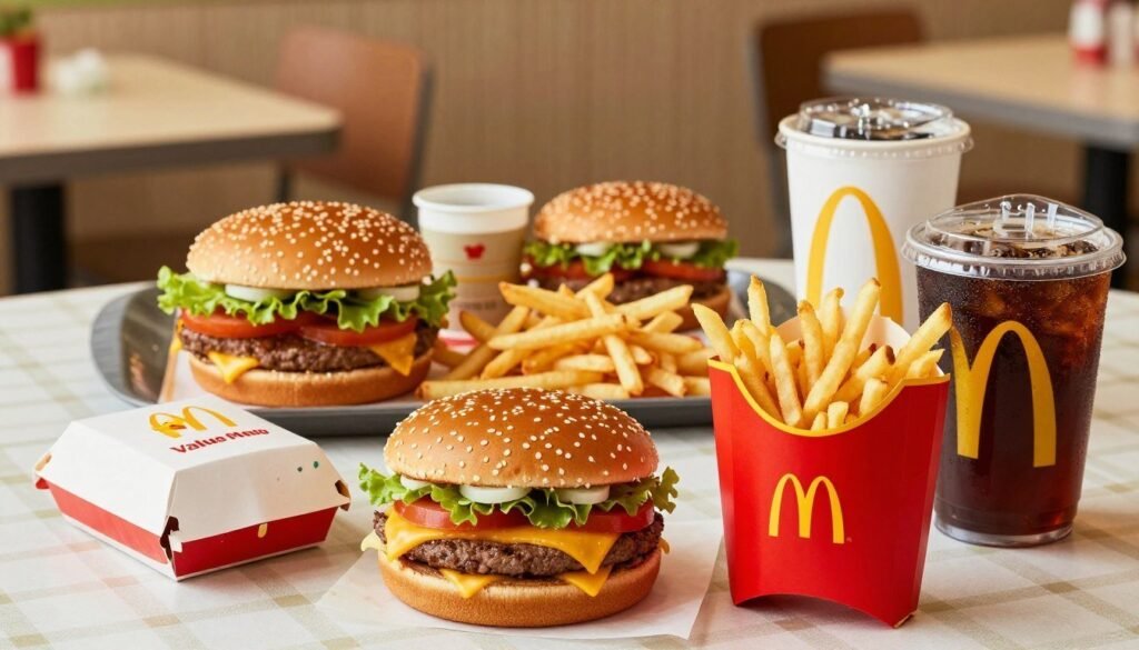 A vibrant display of McDonald's Value Menu items arranged appealingly on a checkered tablecloth. In the foreground, close-up shots of iconic menu items like a cheeseburger, crispy fries, and a soft drink, all presented in branded packaging. The middle section features a larger view of a combo meal, showcasing beautifully plated items with fresh ingredients. The background should have a warm, inviting fast-food restaurant setting, with soft, natural lighting creating a cheerful atmosphere. The focus is sharp on the food items, capturing their appealing textures and colors. The overall mood is casual and family-friendly, designed to highlight affordable dining options suitable for budget-conscious customers.