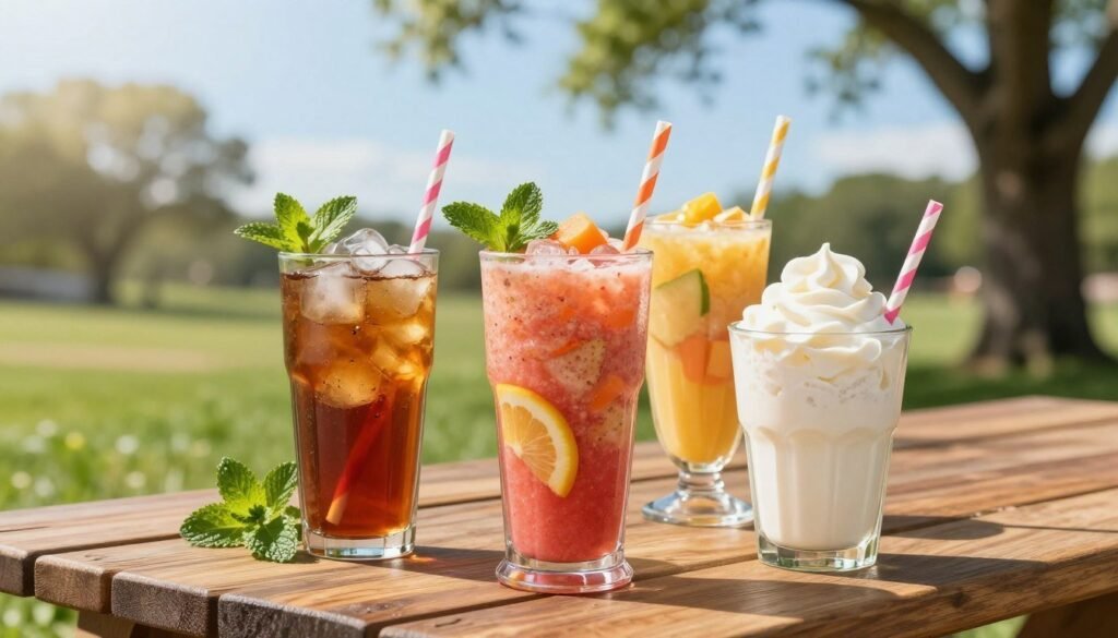 A vibrant display of Wendy's gluten-free beverages, prominently featuring a refreshing glass of iced tea, a vibrant fruit smoothie, and a classic vanilla Frosty, arranged artistically on a wooden picnic table. In the foreground, the beverages are garnished with fresh mint leaves and colorful straws, invitingly positioned to showcase their textures. The middle layer includes a blurred background of a sunny outdoor setting, with green grass and a clear blue sky, enhancing the lively atmosphere. Soft dappled sunlight filters through nearby trees, creating a warm glow that accentuates the freshness of the drinks. The image conveys a relaxed, cheerful mood, perfect for enjoying gluten-free options on a sunny day.