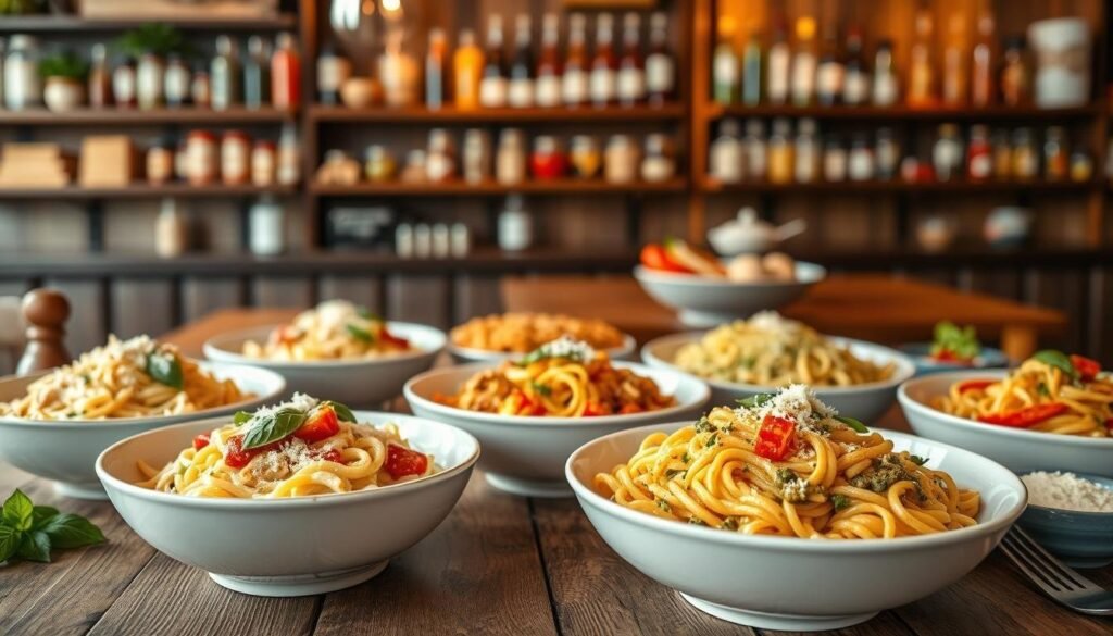A vibrant display of customizable pasta dishes set on a rustic wooden table. In the foreground, several pasta bowls filled with a variety of options, including creamy Alfredo, zesty marinara, and a fresh pesto, garnished with basil and grated Parmesan. Beside each bowl, an array of toppings like grilled chicken, sautéed vegetables, and colorful peppers, allowing for personalization. In the middle ground, a soft focus reveals a cozy restaurant ambiance with warm, inviting lighting and wooden accents. The background features shelves with jars of spices and sauces, adding depth. The scene evokes a warm, appetizing atmosphere, perfect for showcasing diverse pasta dishes. The composition is shot from a slightly elevated angle, highlighting the rich colors and textures of the dishes, making it an enticing visual for food lovers.