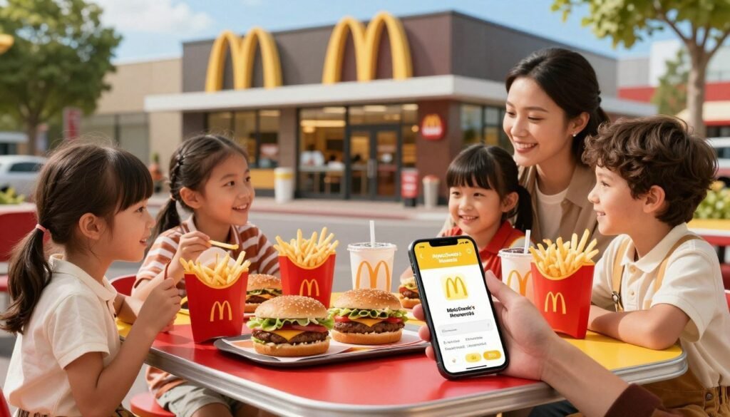 A vibrant, inviting scene showcasing the McDonald's MyMcDonald's Rewards program. In the foreground, a happy family of four—dressed in smart casual attire—enjoys their meals at a bright red and yellow McDonald's table, with a mobile phone displaying the rewards app prominently featured. In the middle, various McDonald's menu items like burgers, fries, and drinks are artfully arranged, showcasing the enticing food options. The background features the iconic McDonald's restaurant, with its golden arches, surrounded by greenery. Soft, warm lighting enhances the cheerful atmosphere, creating a sense of community and enjoyment. Capture the perspective from a slightly elevated angle to encompass both the family and the enticing food.