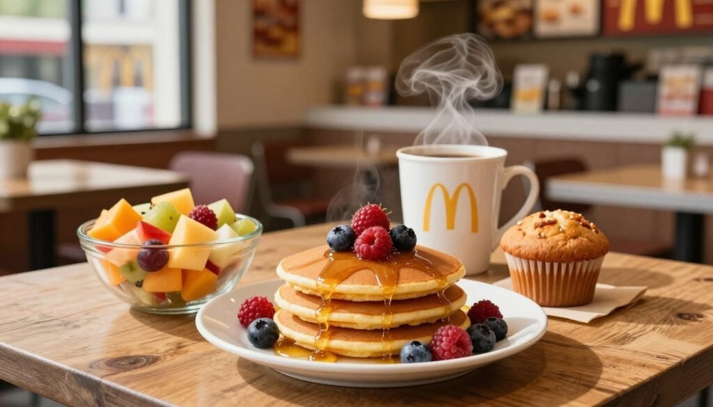 A visually appealing display of gluten-free breakfast options inspired by McDonald's, centered on a rustic wooden table. In the foreground, a vibrant plate features a fluffy gluten-free pancake stack, drizzled with maple syrup and topped with fresh berries. Next to it, a bowl of fruit salad brimming with colorful, diced seasonal fruits provides a fresh contrast. In the middle ground, a steaming cup of coffee emits wisps of steam, alongside a glazed gluten-free muffin. The background showcases a cozy and inviting McDonald’s restaurant interior, filled with warm, natural lighting filtering through large windows. The overall atmosphere is cheerful and appetizing, inviting viewers to indulge in delicious gluten-free breakfast choices.