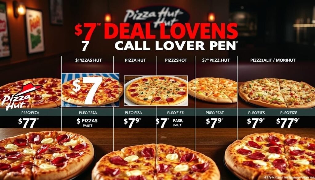 A visually striking comparison chart showcasing Pizza Hut's discounted $7 Deal Lovers Menu alongside similar offerings from other popular fast food pizza chains. In the foreground, vibrant, appetizing images of the Pizza Hut pizzas with the $7 pricing clearly displayed. In the middle ground, include enticing shots of competitor pizzas, artistically arranged for visual impact. The background should feature a subtle, cozy pizza parlor setting with warm lighting to create an inviting atmosphere. Use a slight overhead angle to capture all elements and ensure they are well-lit, highlighting the textures of the crust, cheese, and toppings. The mood should be friendly and casual, enticing viewers to consider the value of the deals presented.