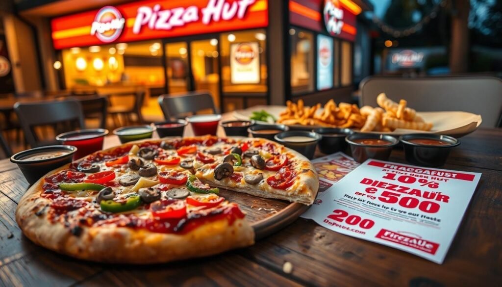 A warm and inviting scene showcasing an assortment of Pizza Hut dishes on a rustic wooden table. In the foreground, a large, half-eaten Pizza Hut pizza topped with vibrant bell peppers, mushrooms, and pepperoni, surrounded by a variety of dipping sauces. In the middle ground, colorful flyers displaying various discount deals and promotions laid casually beside the pizza. The background features a softly blurred Pizza Hut restaurant exterior, illuminated by warm golden lighting during the evening, creating a cozy atmosphere. The angle is slightly elevated, capturing the table setting while maintaining focus on the delicious food. The overall mood is inviting and enticing, perfect for showcasing value and deliciousness.
