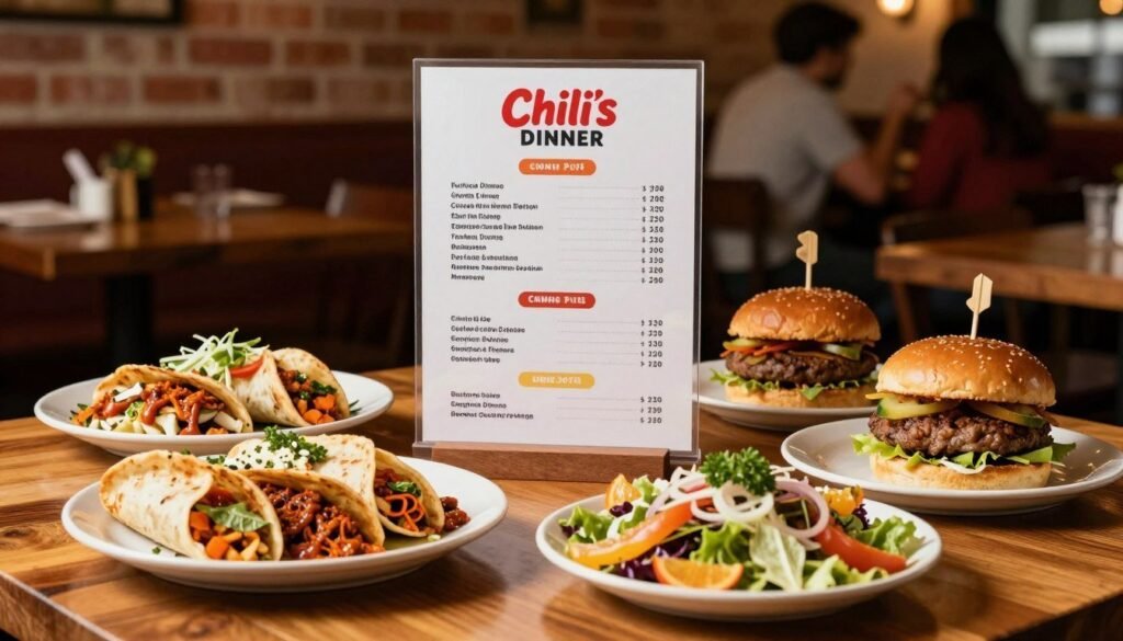 A beautifully arranged table showcasing Chili's dinner menu pricing, prominently featuring a selection of delicious dishes. In the foreground, a well-lit wooden table displaying vibrant plates of sizzling fajitas, tempting burgers, and colorful salads. Each dish is artfully garnished, reflecting freshness and mouthwatering appeal. In the middle, a stylish, clear menu template is elegantly presented, with detailed pricing next to each dish, focusing on money-saving combo options. The background consists of soft, warm lighting that creates a cozy ambiance reminiscent of a friendly restaurant setting, with hints of rustic decor like exposed brick walls and soft-focus diners enjoying their meals. The overall mood is inviting and appetizing, enticing viewers to explore dinner options.