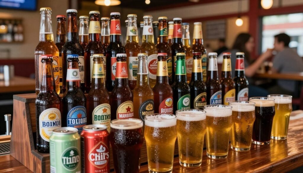 A close-up of a vibrant beer selection display at a Chili's restaurant, featuring a variety of beer bottles and cans, including popular domestic, imported, and craft beers. In the foreground, showcase a wooden bar top with frosty glasses filled with golden beer, arranged next to colorful labels and enticing condensation. The middle section includes an assortment of beer types, from lagers to stouts, lined up neatly on a rustic shelf with soft, ambient lighting highlighting their colors and textures. The background features blurred silhouettes of customers enjoying their drinks and a warm, inviting atmosphere with soft brown and red hues, enhancing the cozy, social environment of the establishment. Capture this from a slightly elevated angle, ensuring a focus on the beers while conveying a lively yet relaxing mood.