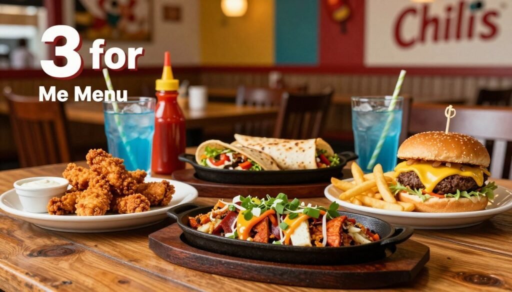A vibrant Chili's restaurant table set for a delightful dining experience, showcasing a selection of the "3 for Me Menu" entrees. In the foreground, three enticing dishes: crispy chicken tenders with dipping sauce, flavorful fajitas sizzling on a cast iron skillet, and a sumptuous cheesy burger with fries, artfully arranged. The middle ground features a rustic wooden table adorned with colorful condiments and stylish dinnerware, creating an inviting atmosphere. In the background, softly blurred, hints of a cheerful dining environment with tasteful Chili's decor and warm ambient lighting. Capture the coziness of the restaurant setting with a shallow depth of field, emphasizing the food while creating a welcoming mood. Use soft, natural lighting to enhance the colors and textures of the dishes, inviting viewers to enjoy the enticing flavors of Chili's dining options.