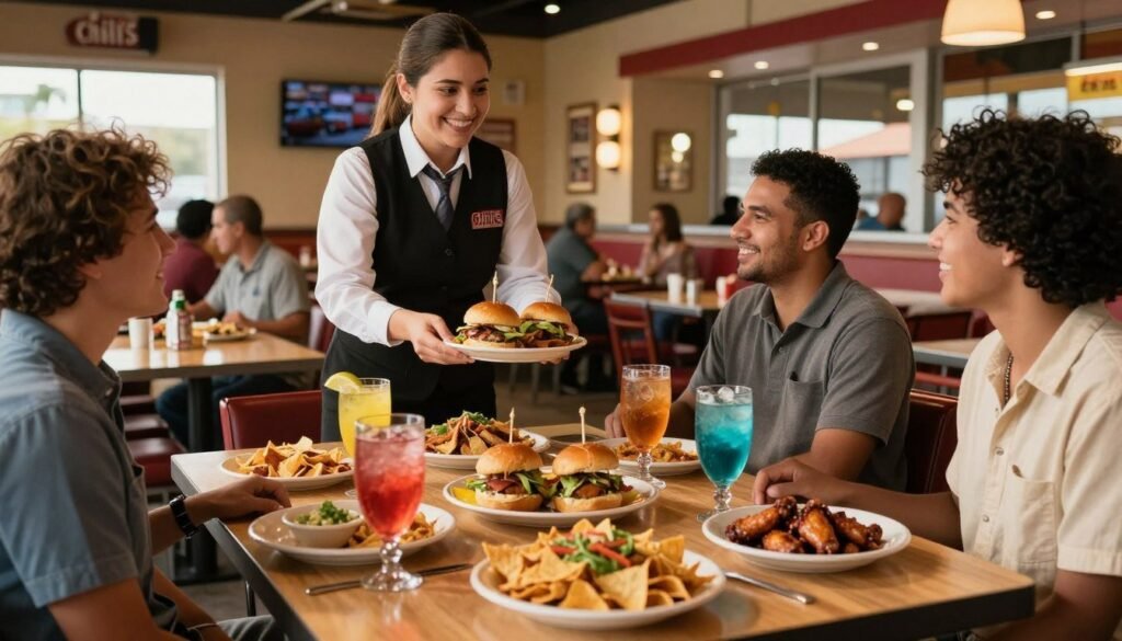 A vibrant and inviting depiction of a Chili's restaurant interior during happy hour. In the foreground, a beautifully arranged table features colorful appetizers like nachos, sliders, and wings, with a variety of drinks in stylish glasses showcasing vibrant colors. In the middle ground, friendly staff in smart casual attire serve customers with warm smiles, enhancing the welcoming atmosphere. The background includes the lively décor of the restaurant, with soft, ambient lighting creating a warm, relaxed mood. Natural light filters through large windows, casting gentle shadows and highlighting the inviting environment. The overall scene is designed to evoke the joy of socializing over delicious food at a happy hour.